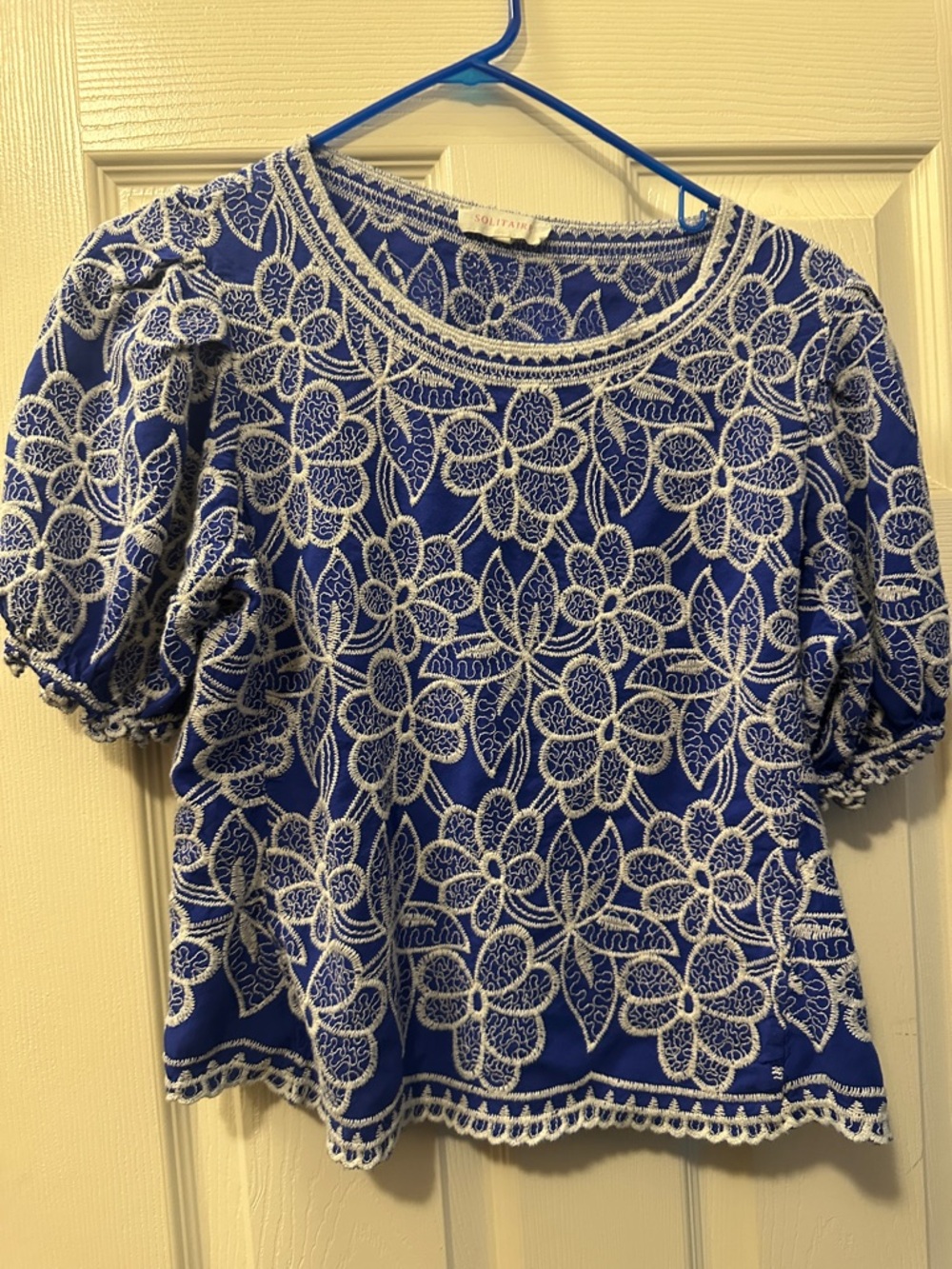 Solitaire Royal Blue Embroidered Puff-Sleeve Top